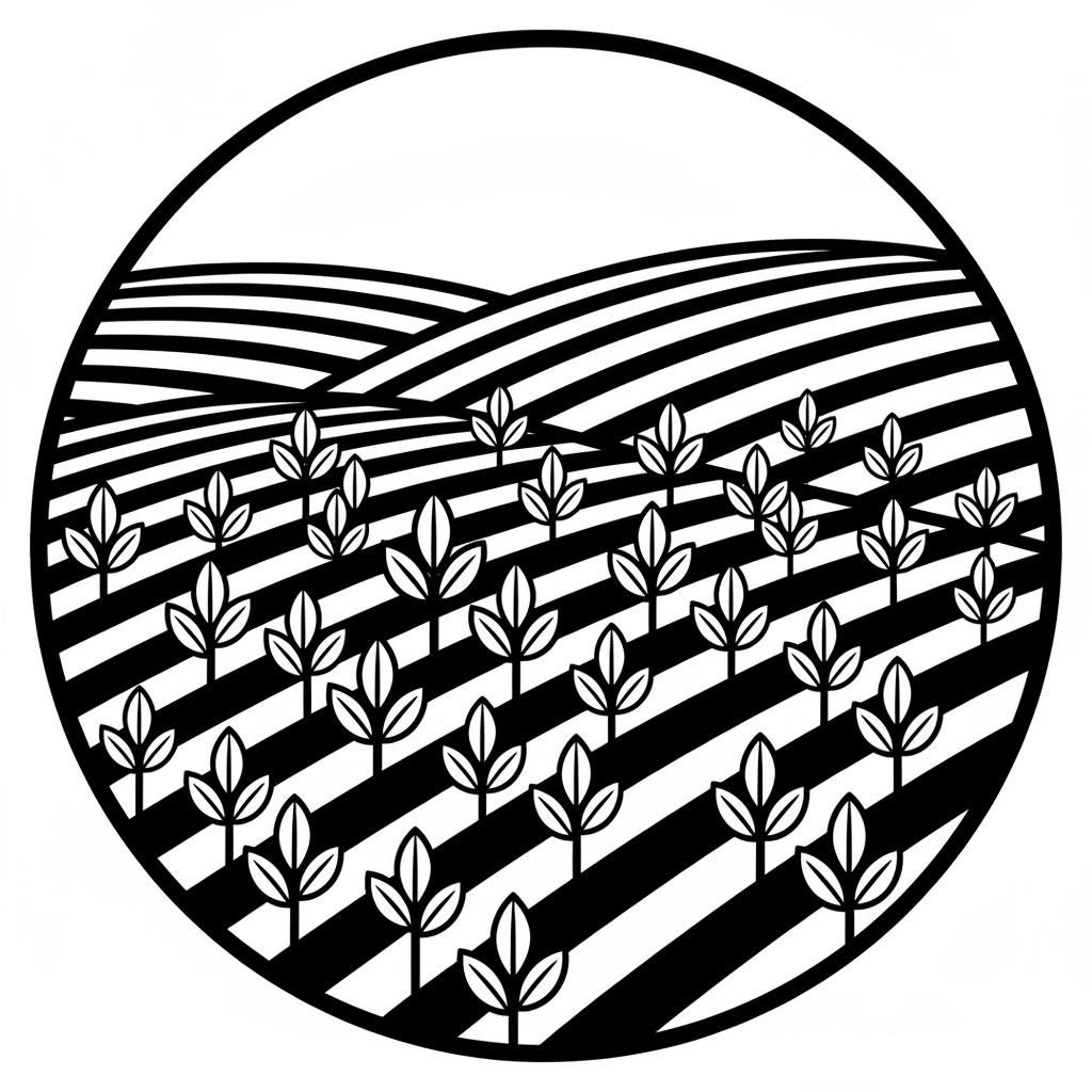 make a icon image of farm fields with coffee bean plants , black and white